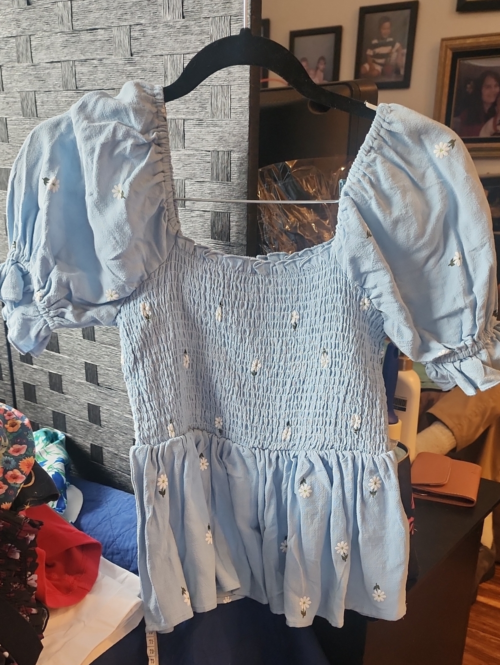 Light Blue Puff Sleeve Smocked Top with Daisy Embroidery